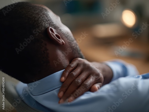 Office employee experiencing neck pain and work-related stress