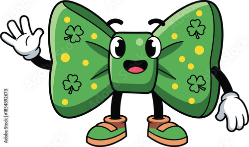 Cartoon pasta character, bowtie shape, green festive design, smiling face, waving hand, vector illustration, food mascot, flat artwork, stock image, cad drawing flat vector illustration