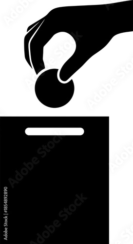 Hand putting coin into donation box. Charity concept for help, giving, support. Black and white silhouette line art vector icon for web, app design