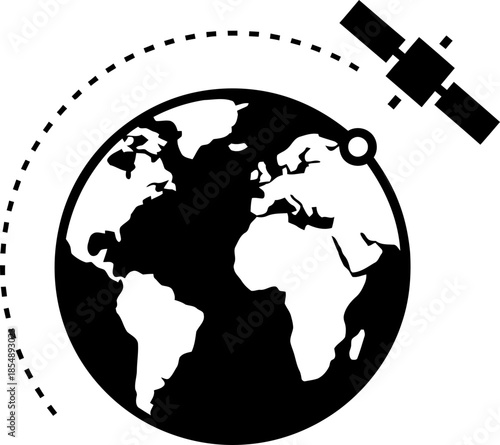 Satellite orbiting planet Earth with dotted trajectory, global communication and navigation concept, isolated icon, vector illustration