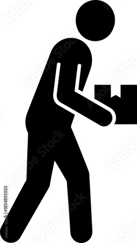 Stick man carry box icon. Relocation, delivery or moving concept for user interface mobile app and website graphic design. Vector illustration