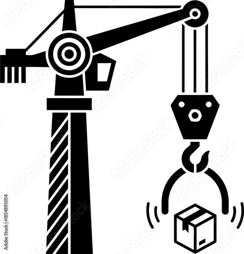 Construction crane hook picking up a box, delivery and shipping for logistic company. Cargo and parcel transportation concept. Simple black icon vector illustration