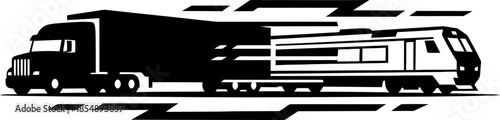 Truck and train showing fast delivery or shipping concept. Logistic service. Transport, cargo and freight. Fast moving vector symbol