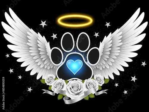 Pet Memorial Paw Print with Angel Wings and White Roses