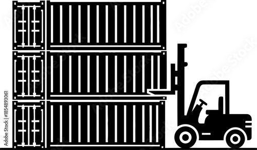 Forklift loading shipping container onto a stack of goods. Cargo, storage, and logistics concept. Black and white vector illustration, icon for app