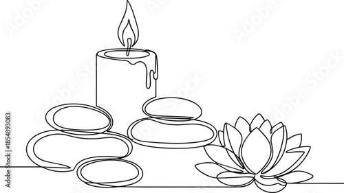 Isolated a One continuous line drawing of wellness and spa treatment. Candle stones and lotus flower for zen and balance concept in simple linear style. Editable stroke. Doodle vector art with white b