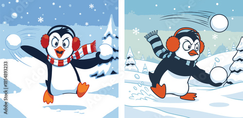 Cute cartoon penguins playing snowballs in a winter landscape