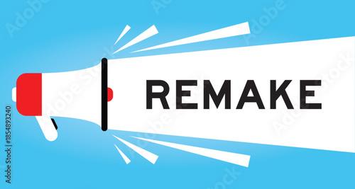 Color megaphone icon with word remake in white banner on blue background