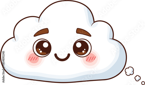 Cute cloud, cartoon face, expressive eyes, smiling cloud, pink cheeks, thought bubble, vector art, flat design, cad drawing flat vector illustration