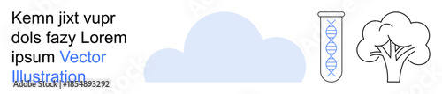 Technology innovation, cloud computing, DNA research, environmental science, genetic data, eco-consciousness. Stylized cloud, DNA helix in test tube tree. Cloud computing and DNA research concept