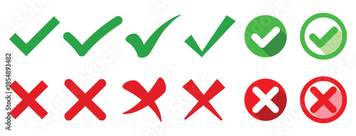 Professional set of green check marks and red cross icons in flat and circular styles for UI/UX, buttons, and status indicators.