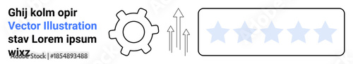 Business performance, achievement tracking, workflow optimization, progress analysis, efficiency, quality assessment. Gear icon, upward arrows five-star rating. Business performance and achievement
