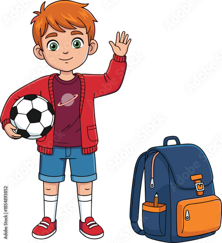 School boy, cartoon character, soccer ball, backpack, red cardigan, cheerful child, student illustration, flat design, vector art, cad drawing flat vector illustration