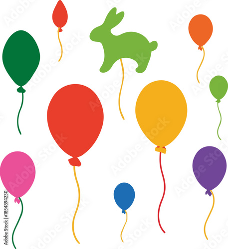 Isolated a realistic bunch of colorful flying party balloons with strings vector art with white background.