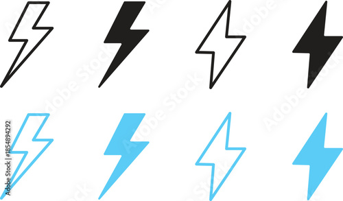 Lightning bolt icon set. Thunderbolt symbol. Electric power energy logo. Flash light sign. Vector illustration