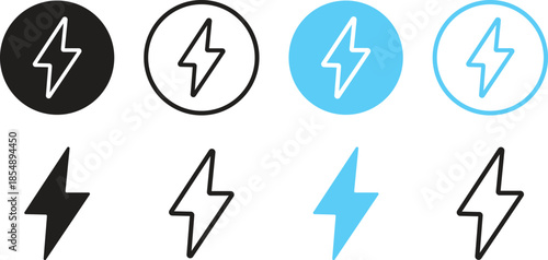 Lightning bolt vector icon set, black lightning icon designs on white background, Symbols of energy, power, electric storm, flash charge, ideal for web, print, logo design