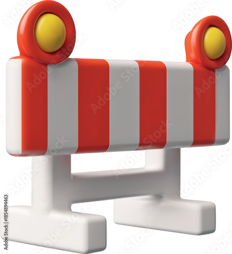 Road traffic barrier 3D icon, orange striped temporary fence with lamps for road repair, emergency works, caution sign