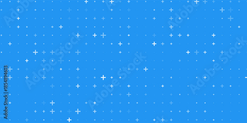 Seamless background pattern of evenly spaced white plus symbols of different sizes and opacity. Vector illustration on blue background with stars