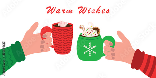 Human hands holding cups of cocoa or hot chocolate, with warm wishes written above