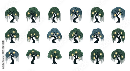A collection of stylized dark green trees with glowing yellow orbs and weeping tendrils on a white background.
