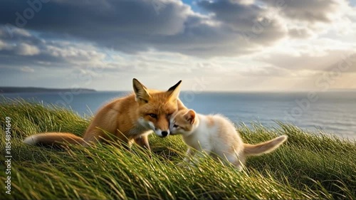 Fox and kitten friends interacting on a grassy cliff overlooking the ocean at sunset.