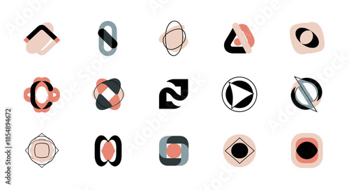 A collection of 15 modern abstract geometric logos and icons in a consistent color palette.