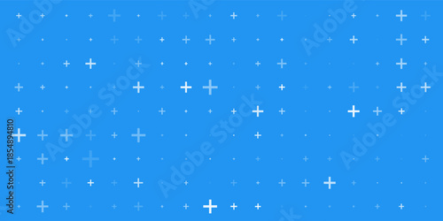 Seamless background pattern of evenly spaced white plus symbols of different sizes and opacity. Vector illustration on blue background with stars