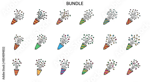 A bundle of colorful hand-drawn party popper icons with bursting confetti, perfect for celebrations and festive occasions.