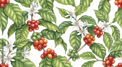 Botanical Coffee Plant Seamless Pattern with Green Leaves, White Flowers, and Ripe Red Arabica Berries