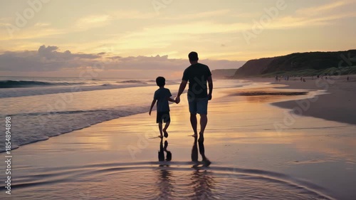  Camera slow lateral dolly tracking slightly behind and to the side of the father and son; slight handheld micro-sway for natural cinematic feelScene empty beach during sunset, wet sand re 4K
