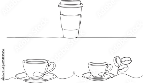 Minimalist Continuous Line Drawing of Coffee To-Go Cup, Espresso Cups, and Roasted Beans
