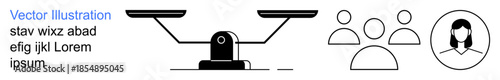 Equality, justice, decision-making, teamwork, law, identity verification. Black and white balance scale, group of people and circular user icon. Equality and justice concepts