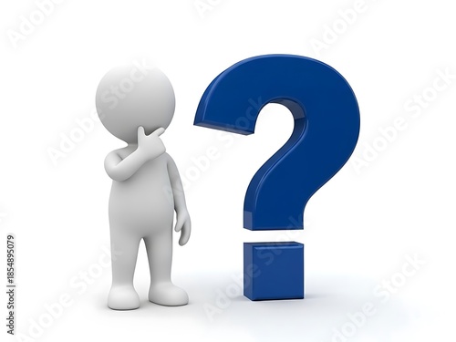 Thinking man standing next to a big question mark