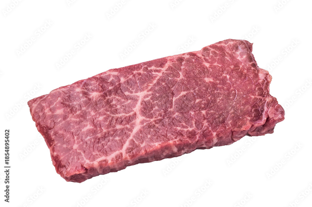 Obraz premium Raw wagyu topside beef with rich marbling isolated on white background. Premium red meat cut for gourmet cooking and butchery use.
