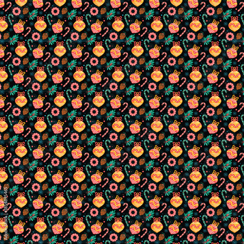 Festive Christmas Pattern With Ornaments Candy Canes And Greenery On Dark Background