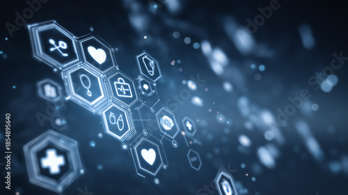 Healthcare innovation abstract concept, digital medical icons, glowing connections, futuristic blue background, clean design, ultra sharp