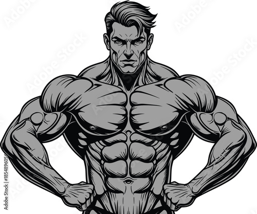 Muscular male illustration, strong bodybuilder pose, fitness anatomy artwork, heroic athletic figure, bodybuilding vector design, powerful muscular cartoon