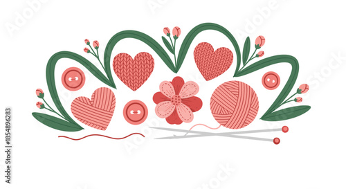 A charming collection of crafting and knitting supplies, including yarn hearts, a ball of wool, buttons, flowers, and needles.