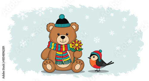 A cute winter scene with a friendly teddy bear in a hat and scarf holding a flower next to a small bird in a matching hat.