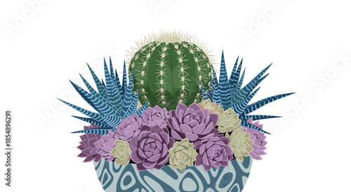 A beautiful composition of various colorful succulents and a large barrel cactus planted in a stylishly decorated ceramic pot.