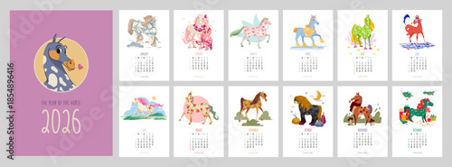 Professional 2026 monthly calendar template set featuring 12 unique horse mascot illustrations in a modern flat vector style for the Chinese Year of the Fire Horse. Vertical pages A4 format