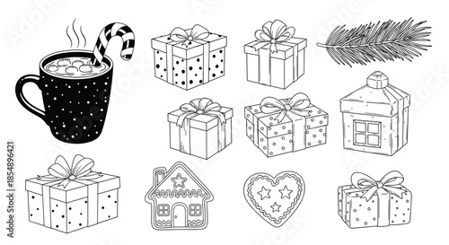 Hand-drawn black and white doodle set of Christmas elements including gift boxes, hot chocolate, and gingerbread cookies for holidays.