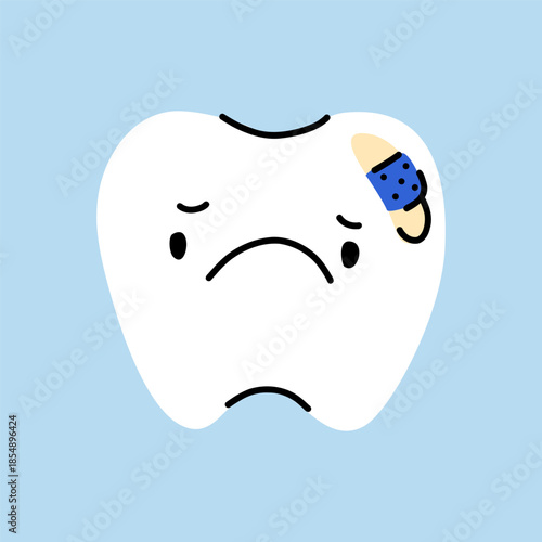A sad, sick tooth with eyes and a bandage on his head, the tooth character is upset because of pain