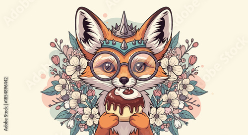 Charming illustration of a cute hipster fox wearing glasses and a crown, enjoying a pastry within a beautiful floral frame.