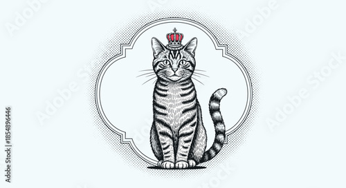 Vintage-style engraved illustration of a majestic tabby cat wearing a small red crown, sitting regally within an ornate frame.