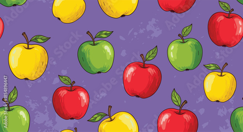 Seamless pattern of colorful red, green, and yellow apples with leaves on a textured purple background for a vibrant fruit design.