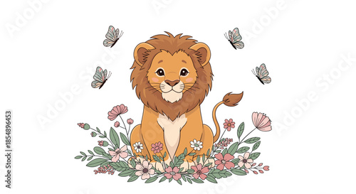 Adorable baby lion cub sitting peacefully among a field of beautiful pink flowers with delicate butterflies flying all around him.