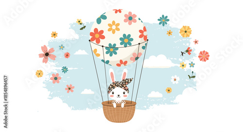 Adorable bunny with a floral headband enjoys a ride in a flower-patterned hot air balloon against a dreamy blue sky background.