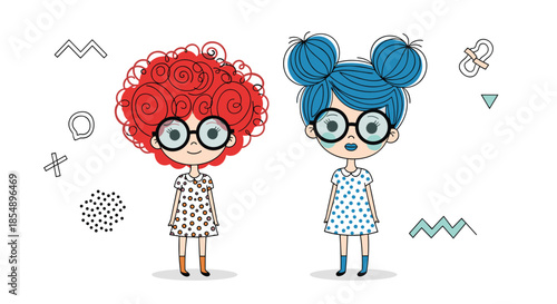 Two cute and stylish cartoon girls with glasses, one with red curly hair and the other with blue hair, on a modern background.