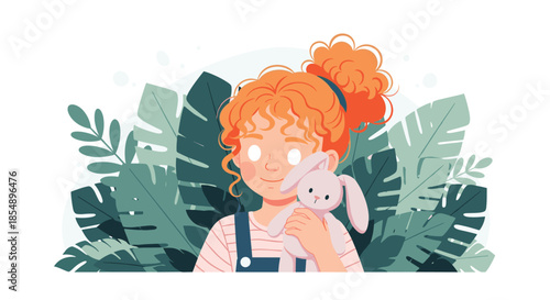 Stylized illustration of a cute red-haired girl holding a beloved toy bunny, standing among lush green tropical plant leaves.